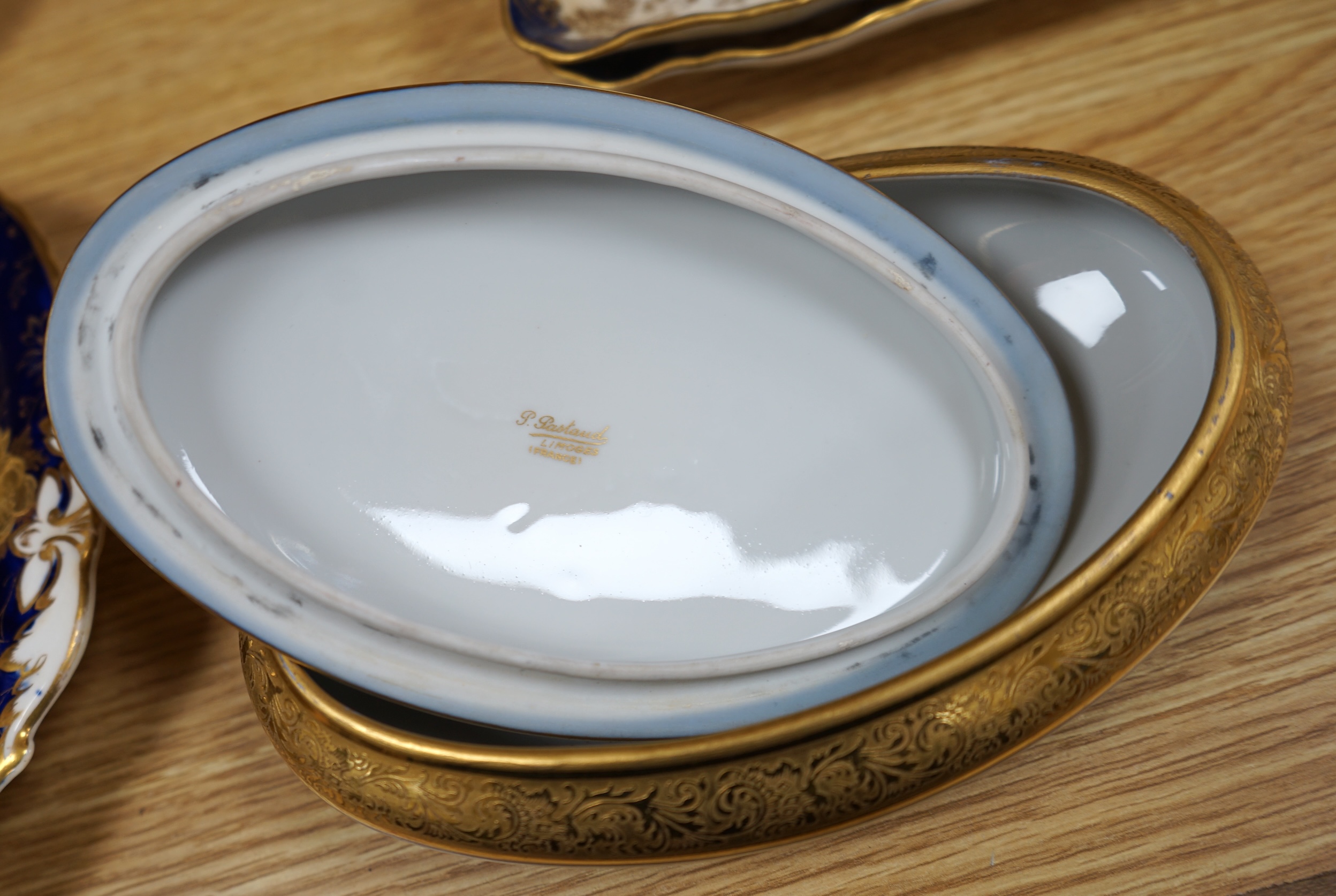 A collection of porcelain to include a Royal Doulton part dessert set, a Limoges gilt oval box and cover and a similar Davenport dish, largest 26cm wide. Condition - mostly fair